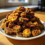 A large mound of golden-brown, crispy fried okra pieces piled high on a white plate.