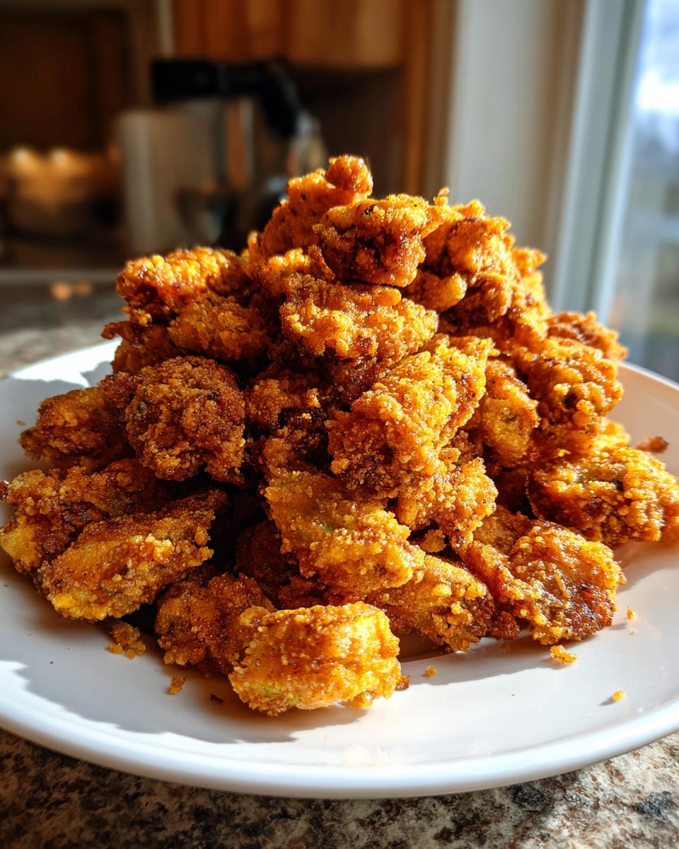 A large pile of golden brown, crunchy fried okra stacked high on a white plate, ready to eat.