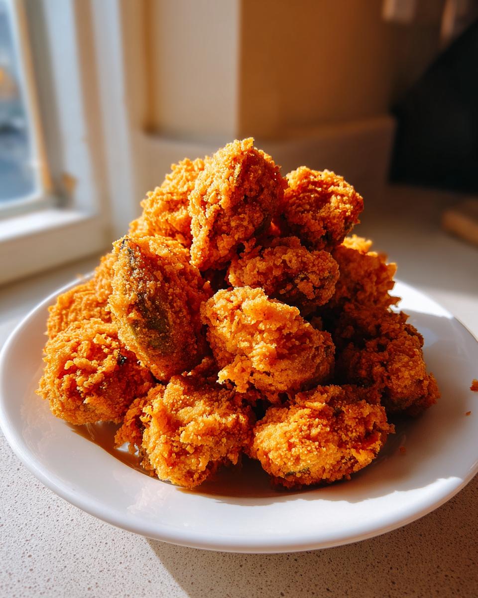 A tall pile of golden brown, crunchy fried okra served on a white plate near a sunlit window.