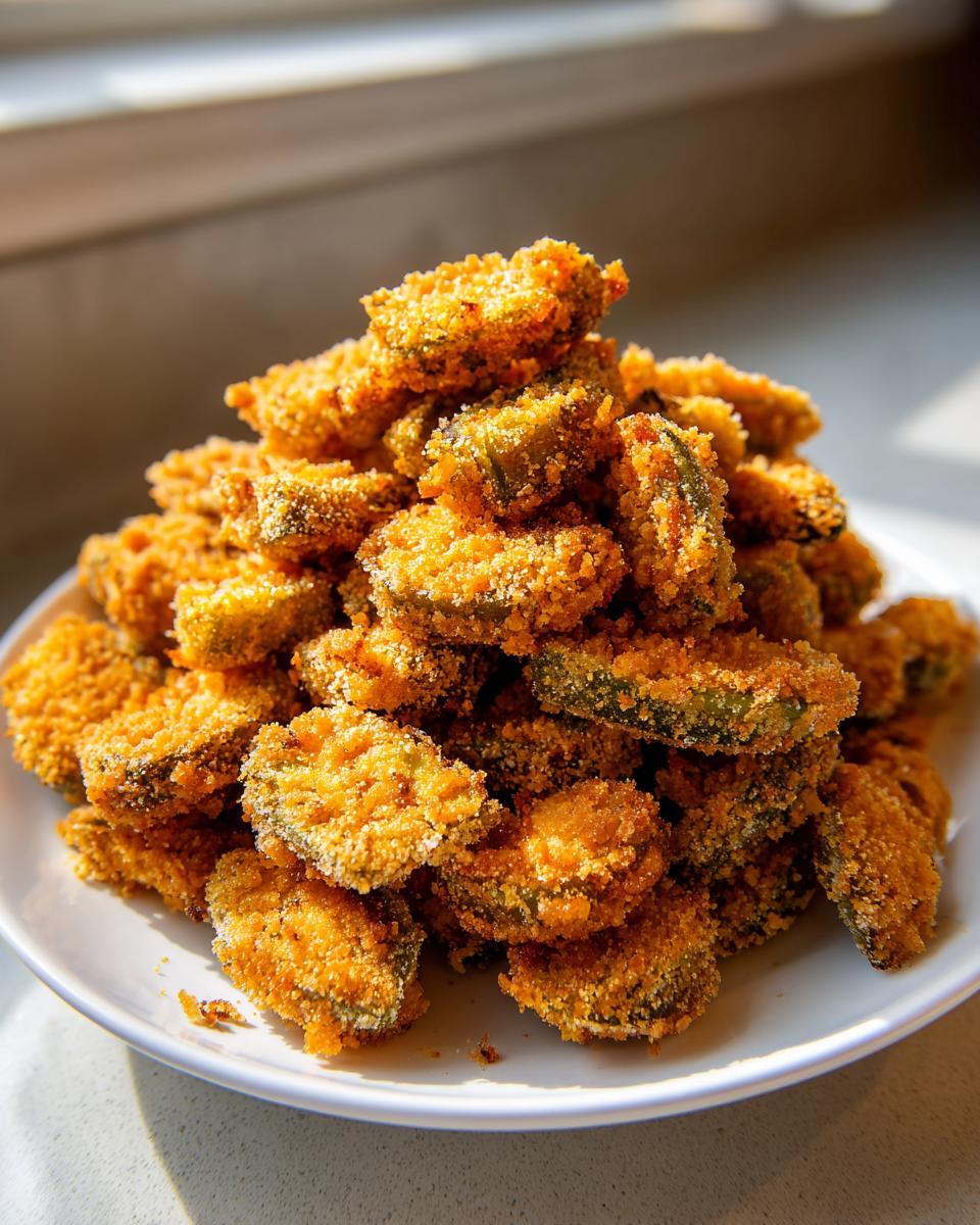A tall mound of golden brown, crispy fried okra slices piled high on a white plate.
