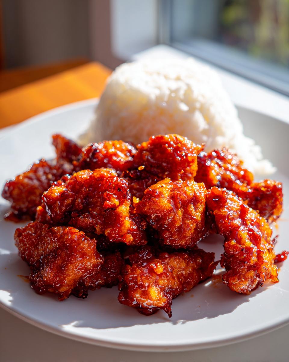 Close-up of crispy orange chicken pieces coated in a glossy sauce served next to a mound of white rice.