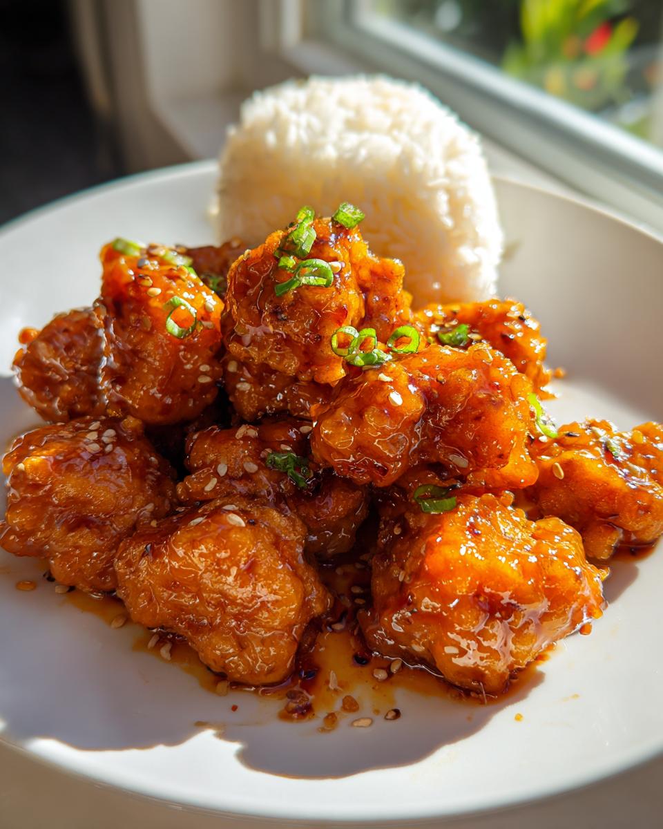 Close-up of crispy orange chicken pieces coated in glaze, served with a side of white rice.