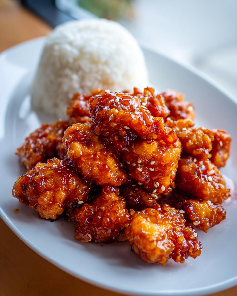 Close-up of crispy orange chicken pieces coated in a glossy sauce and sprinkled with sesame seeds, served next to a mound of white rice.
