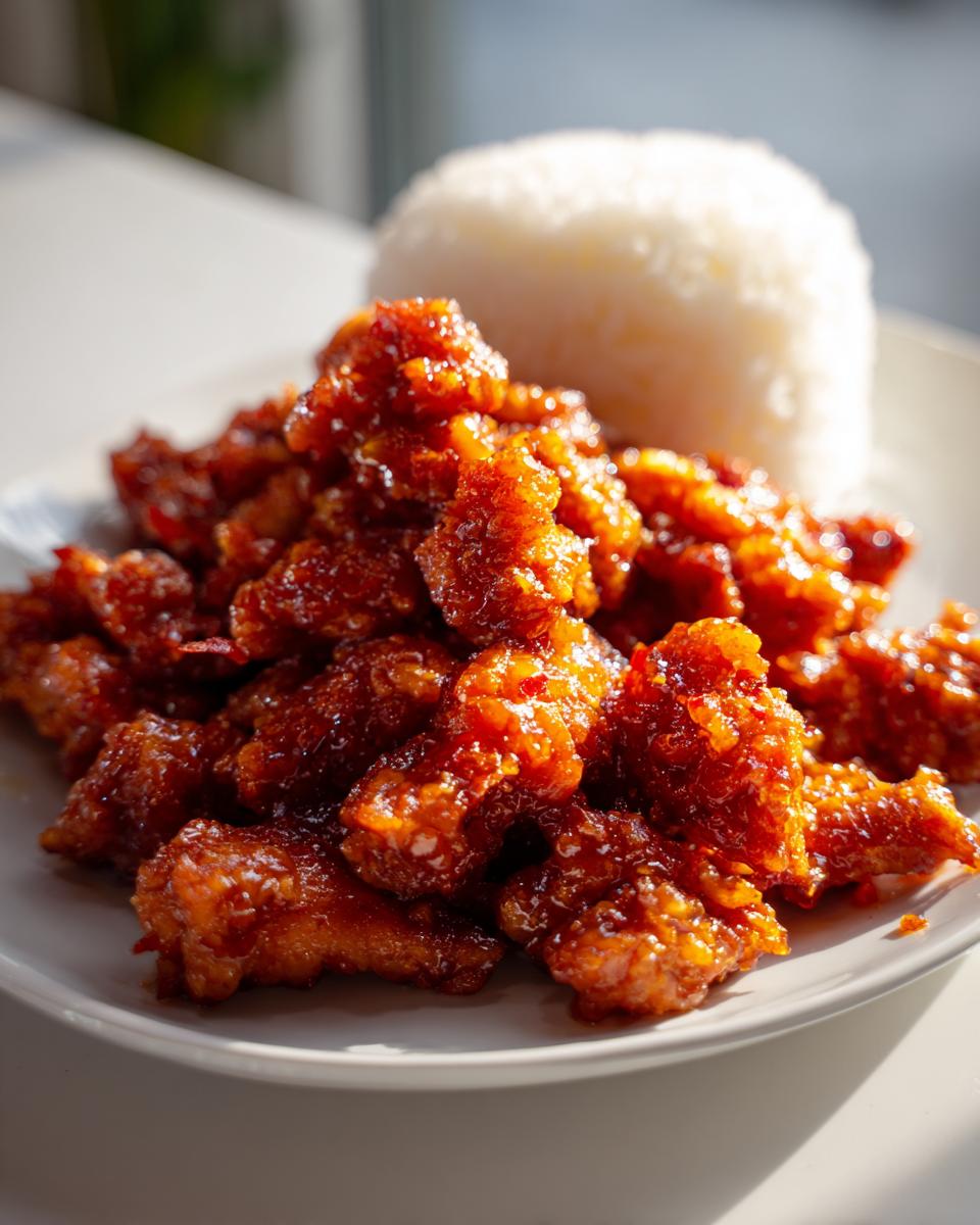 Close-up of crispy orange chicken pieces coated in a glossy sauce, served next to a mound of white rice.