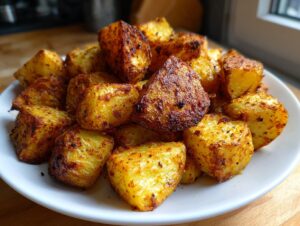 A close-up of perfectly crispy, golden brown oven roasted potatoes piled high on a white plate.