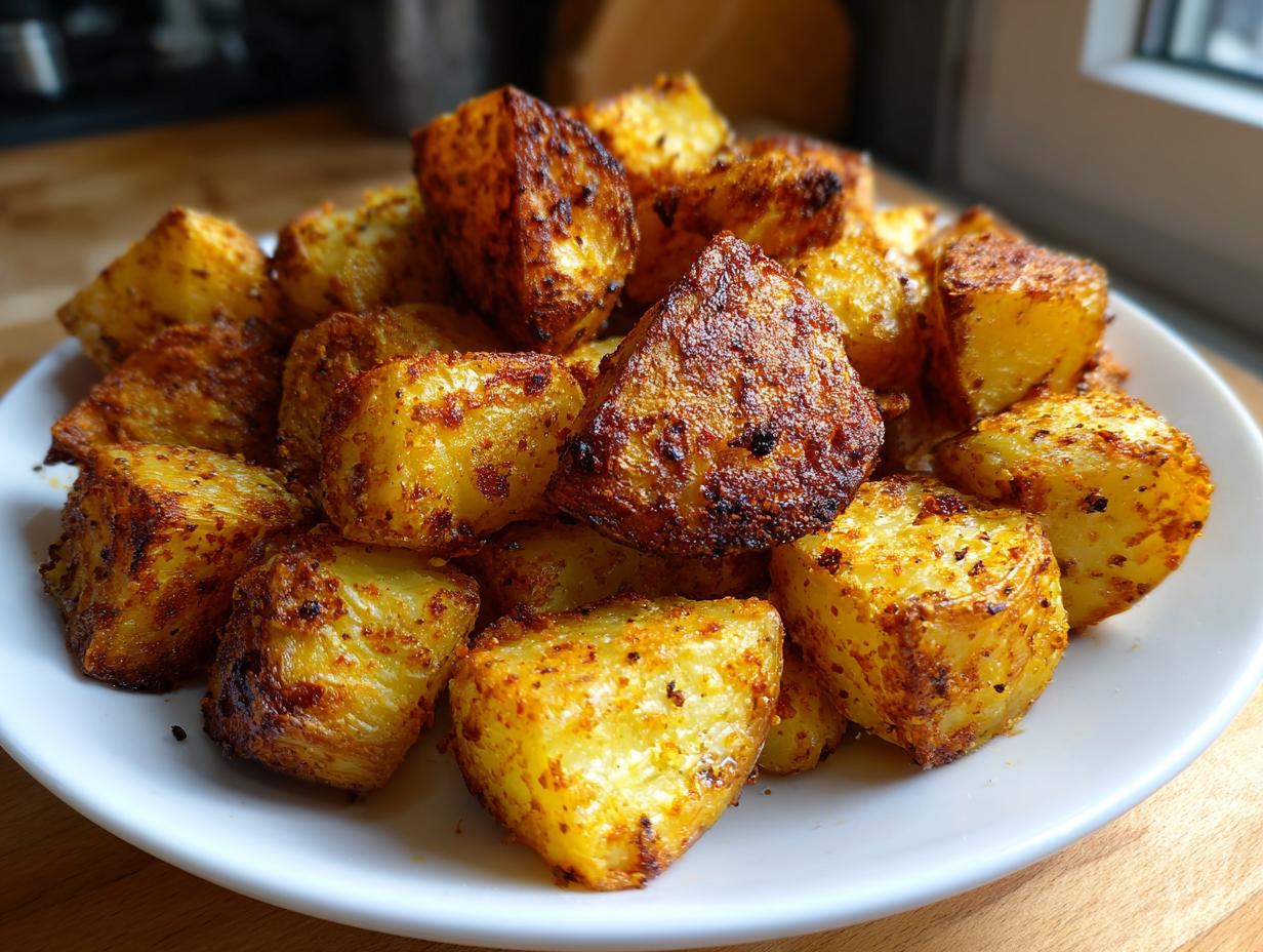 A close-up of perfectly crispy, golden brown oven roasted potatoes piled high on a white plate.