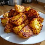 A close-up of a pile of golden brown, crispy oven roasted potatoes served on a white plate.
