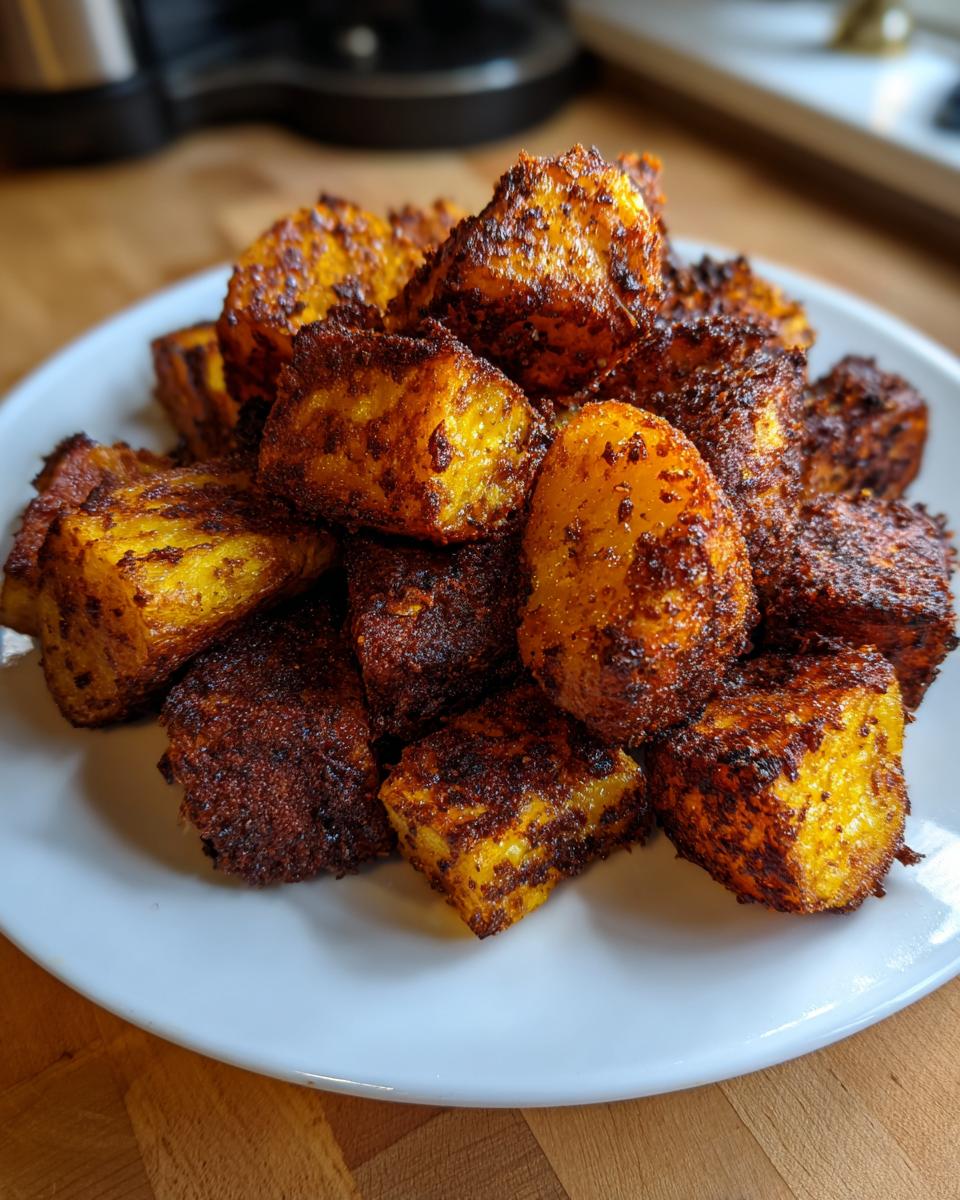 A pile of golden, crispy oven roasted potatoes with a dark, seasoned crust on a white plate.
