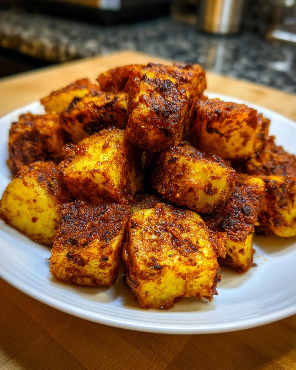 A pile of golden, crispy oven roasted potatoes coated heavily in dark red spices, served on a white plate.