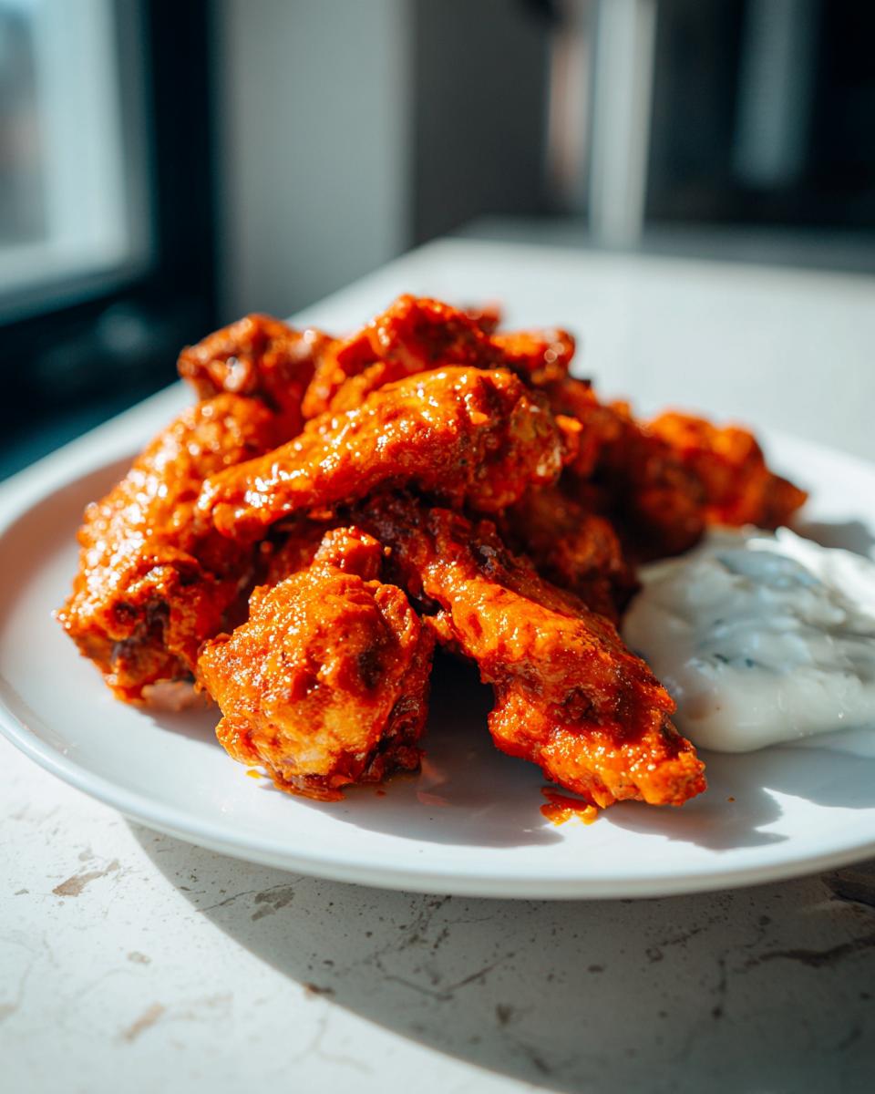 A plate piled high with bright red, saucy buffalo wings served next to a dollop of creamy blue cheese dressing.