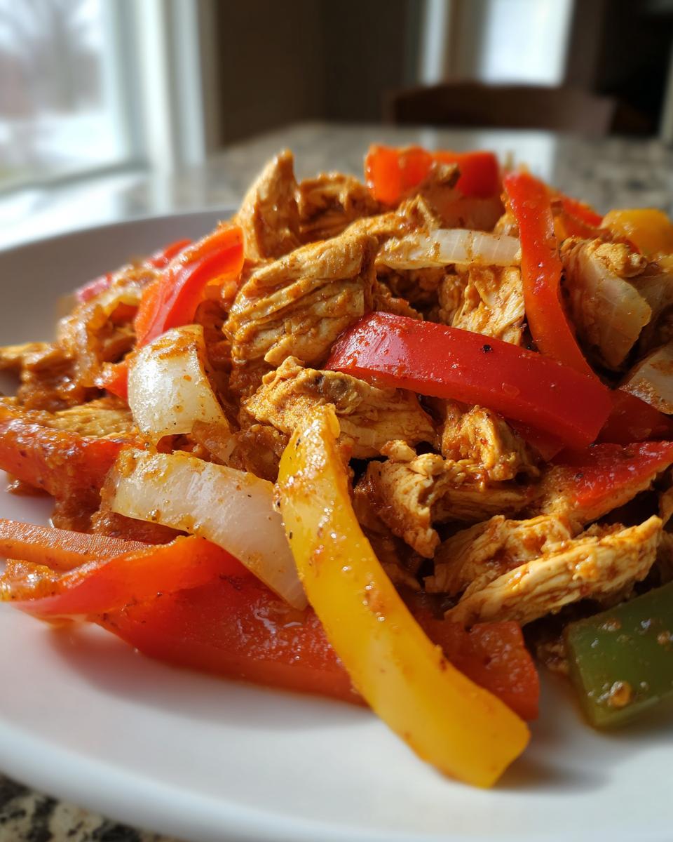 Close-up of shredded chicken mixed with seasoned red, yellow, and white onion slices for crockpot chicken fajitas.