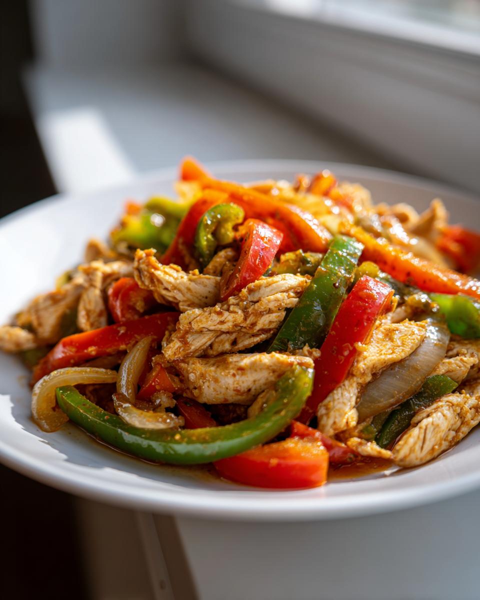 Close-up of shredded chicken mixed with vibrant red and green bell peppers and onions for crockpot chicken fajitas.