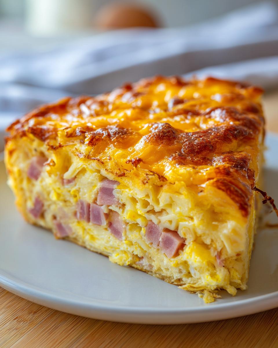 A thick slice of Croissant Breakfast Casserole featuring layers of egg, diced ham, and a golden, melted cheese topping.