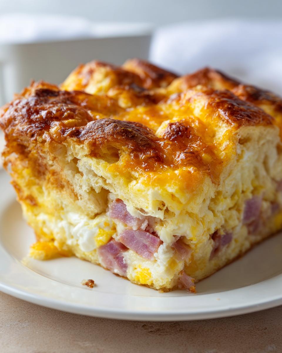 A close-up of a square serving of Croissant Breakfast Casserole with visible layers of ham, egg, and a golden melted cheese top.
