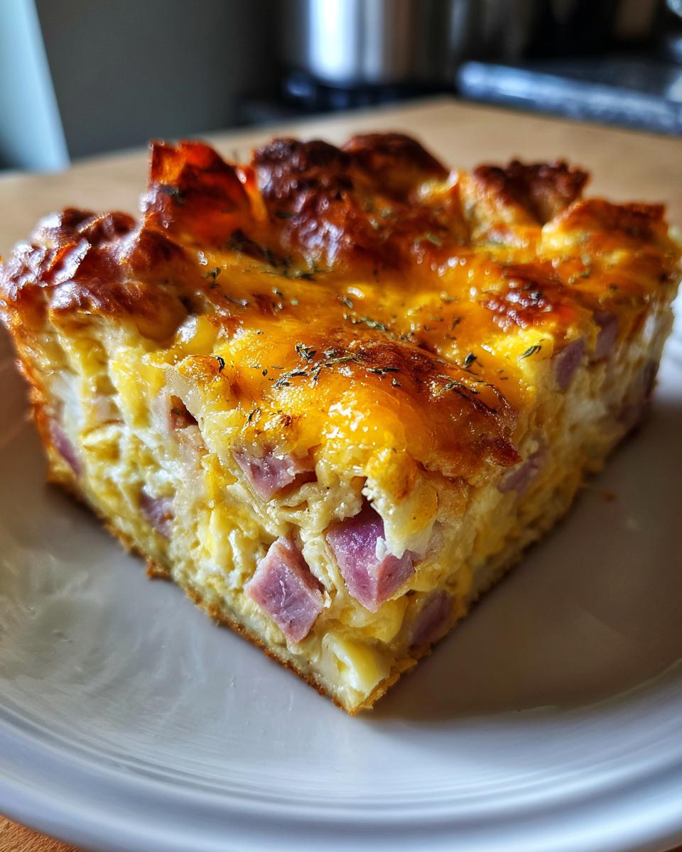 Close-up of a golden-brown slice of Croissant Breakfast Casserole with visible ham cubes and melted cheese.