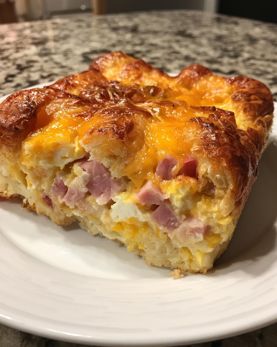 Close-up of a square slice of Croissant Breakfast Casserole showing flaky pastry, eggs, ham cubes, and melted cheddar cheese.