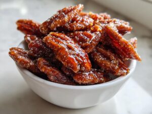 A close-up of a white bowl filled with glistening, crunchy candied pecans coated in a sugary glaze.
