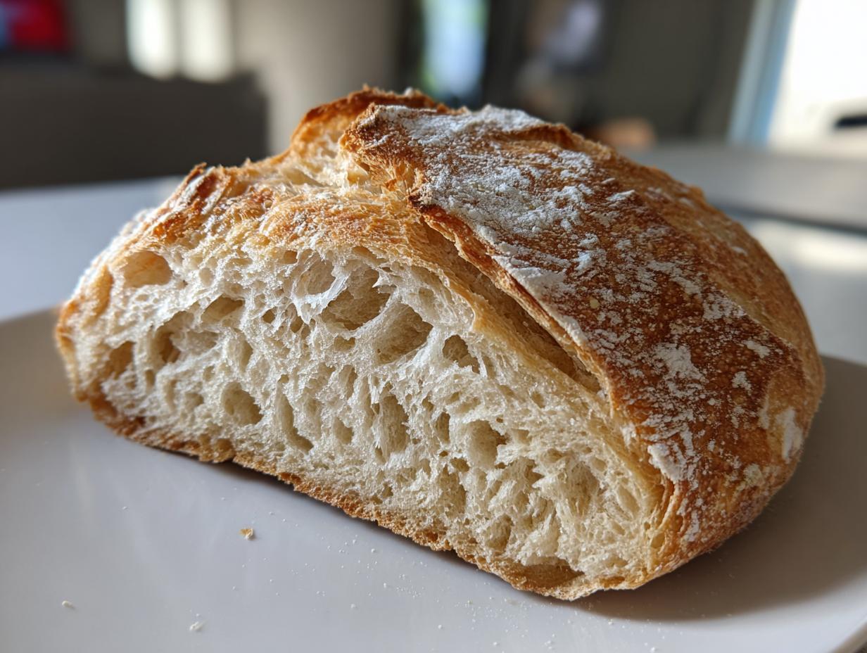 Close-up of a freshly baked loaf showing the open, airy crumb structure of crusty Italian bread.
