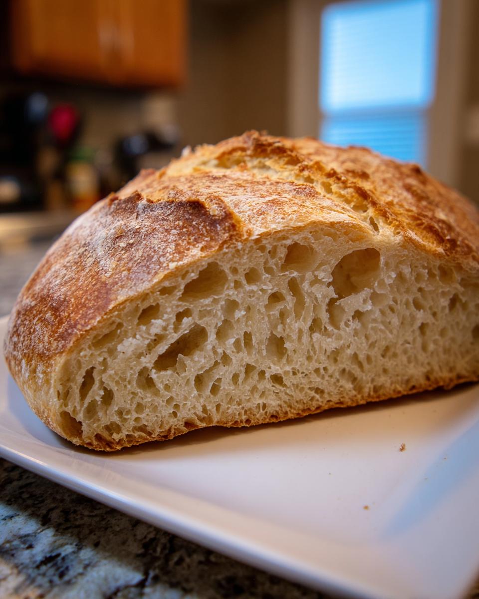 Cross-section view showing the open, airy crumb structure of a freshly baked crusty italian bread loaf.