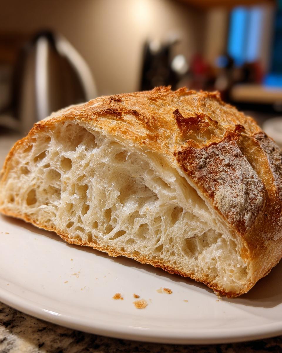 Close-up of a slice of crusty Italian bread showing the airy, open crumb structure and golden crust.