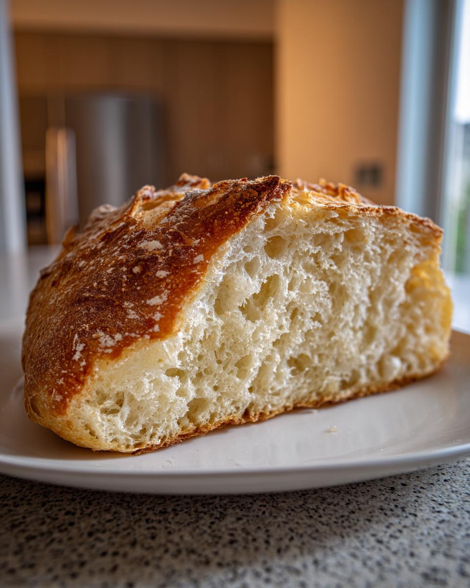 A close-up of a slice of crusty Italian bread showing the airy, open crumb structure and golden-brown crust.