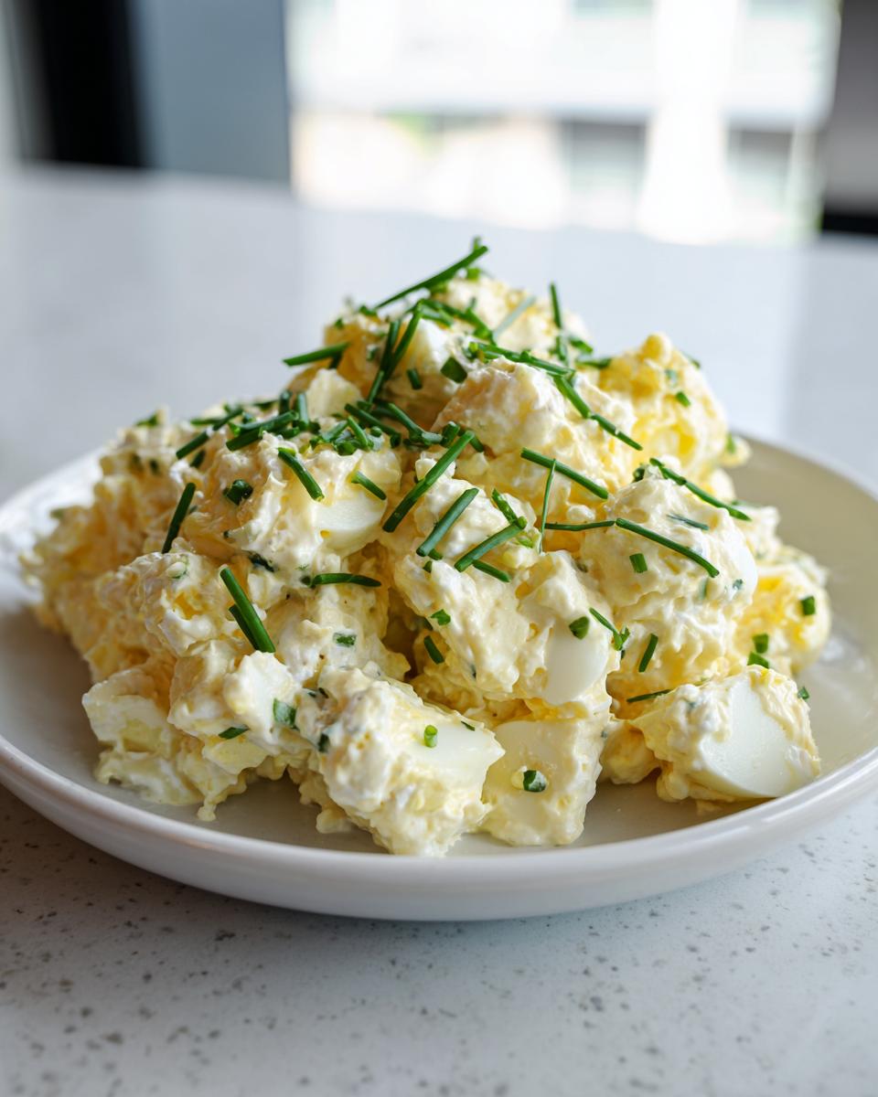 A mound of creamy deviled egg potato salad topped generously with fresh chopped chives.