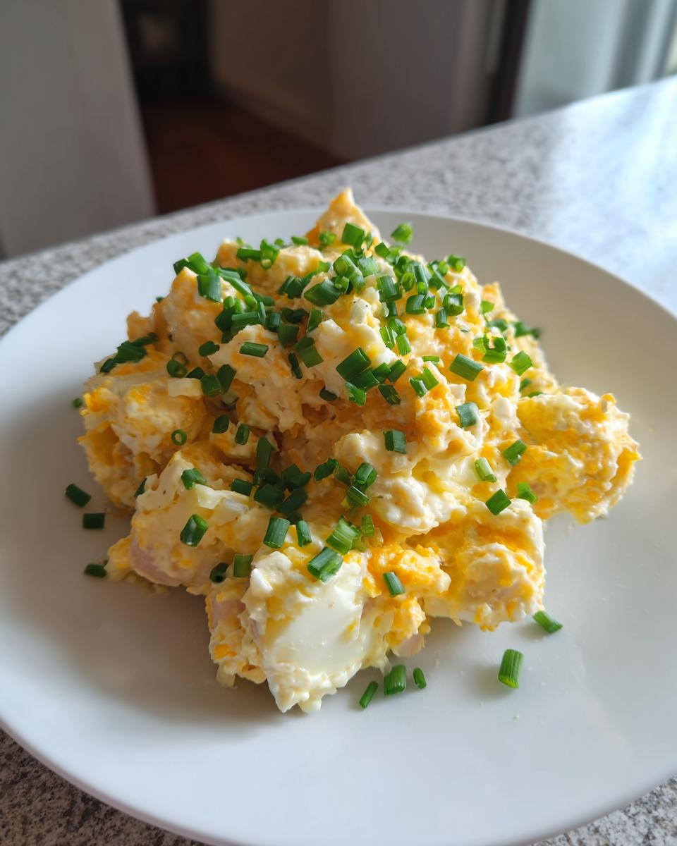 A mound of creamy deviled egg potato salad topped generously with fresh chopped green chives on a white plate.