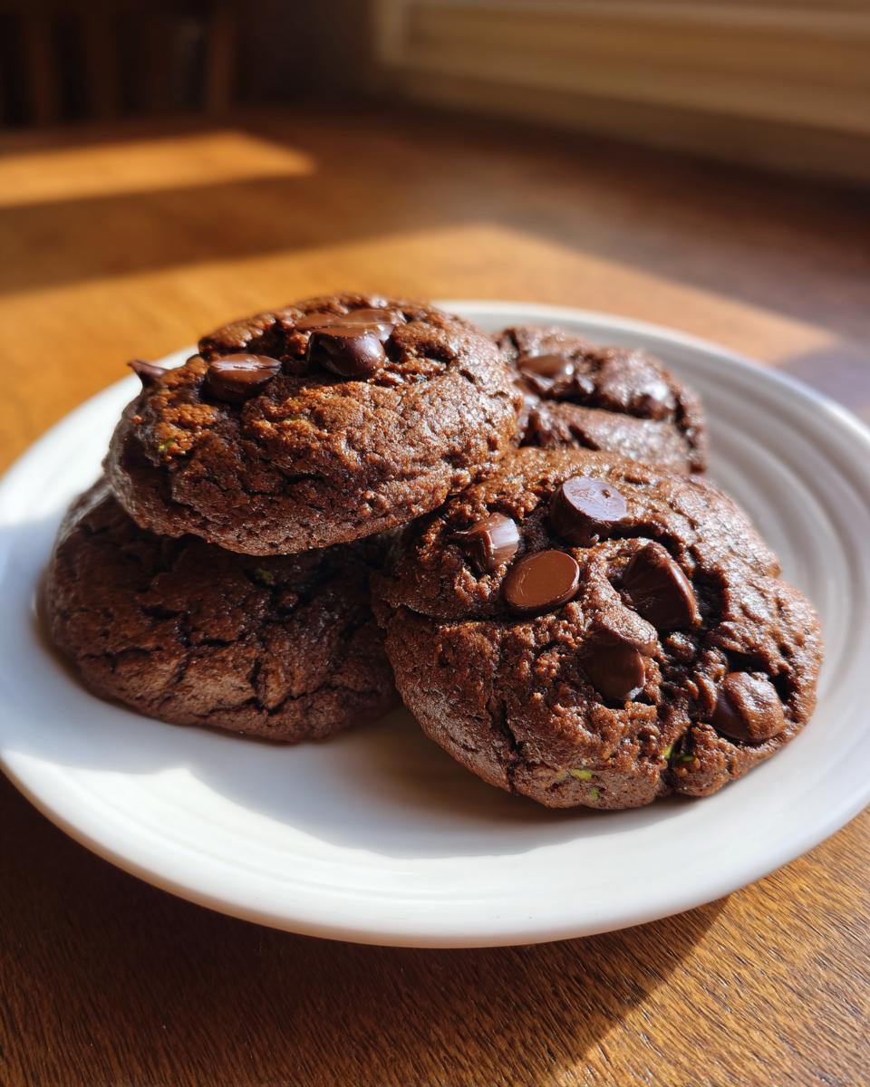 A stack of rich, dark chocolate zucchini cookies topped with melted chocolate chips resting on a white plate.