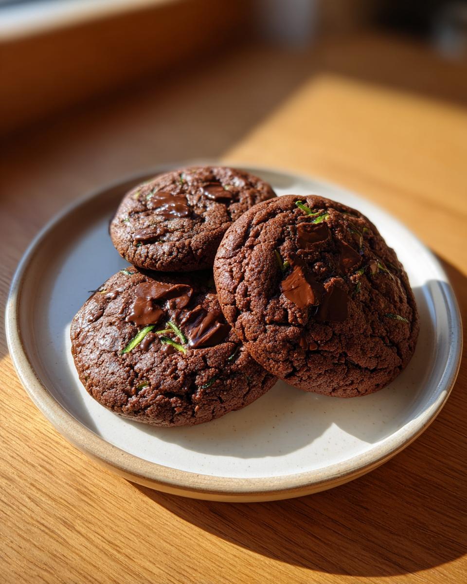Three rich, dark chocolate zucchini cookies topped with melted chocolate chunks on a light ceramic plate.