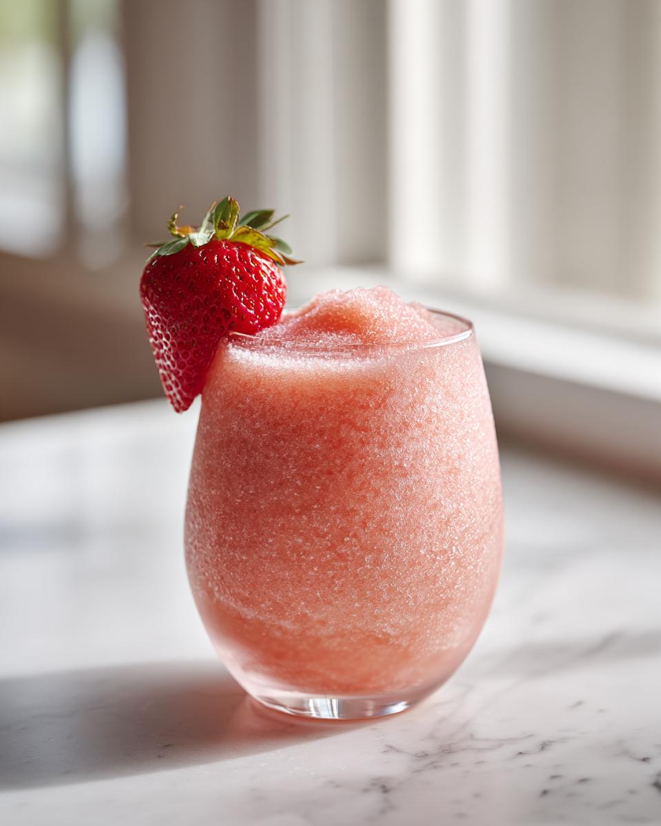 A glass filled with a bright pink, frozen strawberry daiquiri, garnished with a fresh strawberry.