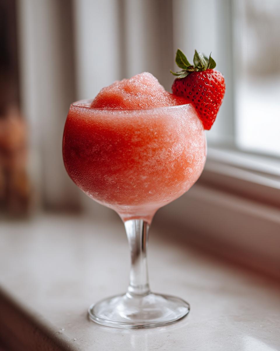 Close-up of a frosty, bright red frozen strawberry daiquiri garnished with a fresh strawberry on the rim.