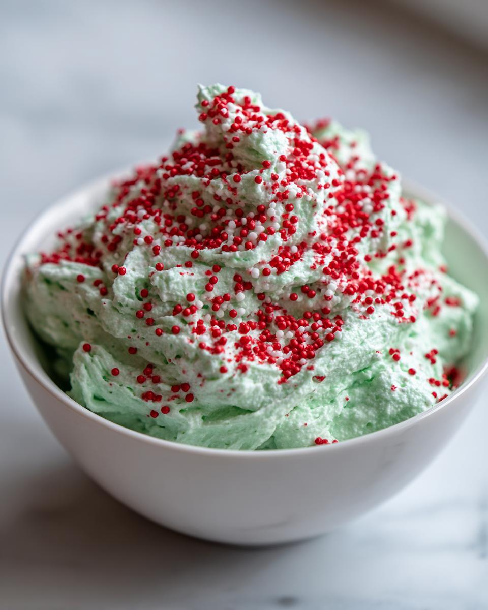 Close-up of bright green Grinch dip swirled high in a white bowl and covered with red and white holiday sprinkles.