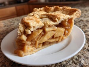 A close-up of a thick slice of apple pie showing flaky crust and cinnamon-spiced apple filling.