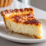 A close-up of one perfect slice of buttermilk pie showing its creamy interior and deeply browned, caramelized top.