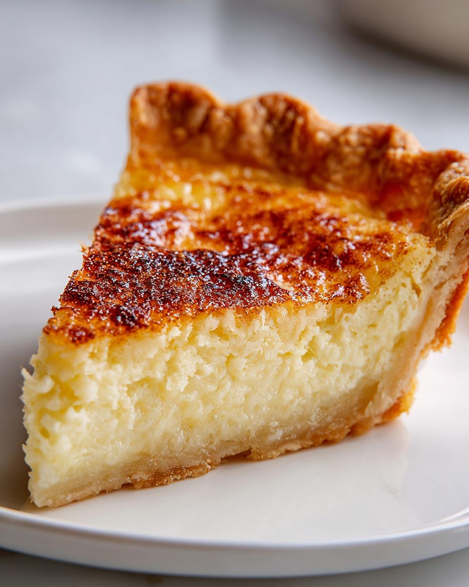 A perfect slice of creamy buttermilk pie showing a golden-brown, slightly caramelized top crust.