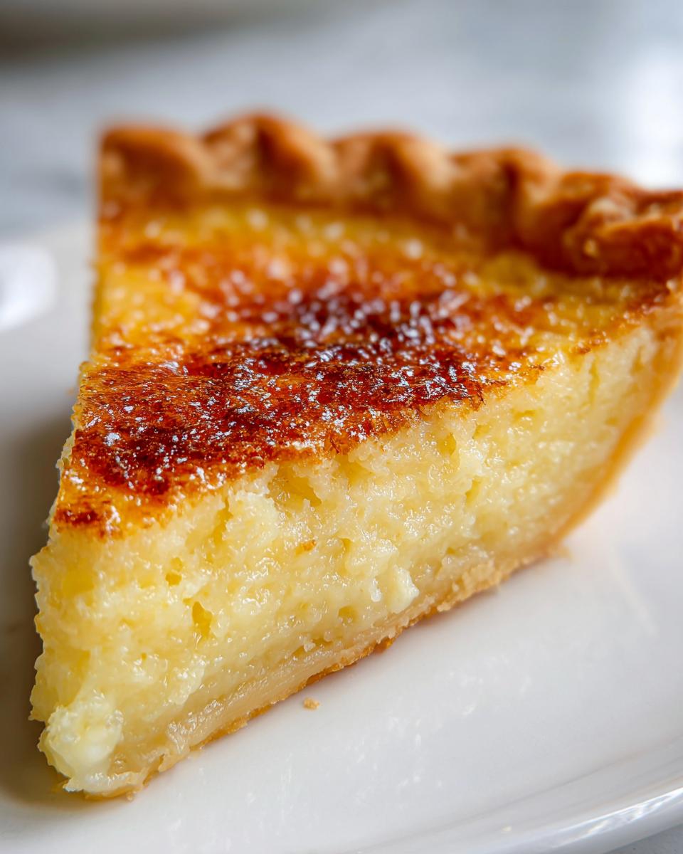 Close-up of a single slice of buttermilk pie showing the creamy yellow filling and caramelized, sugared top.