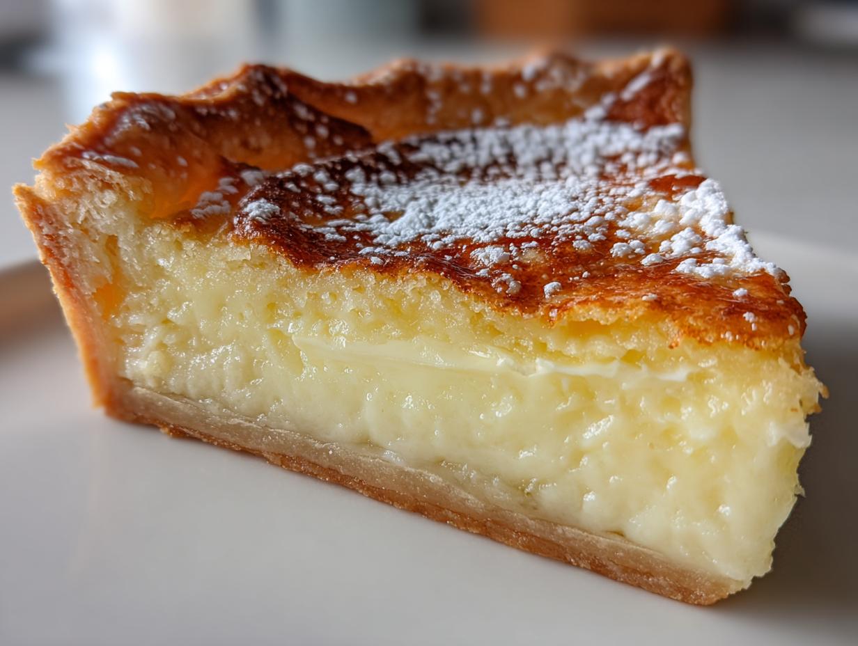 Close-up of a perfect slice of buttermilk pie showing the creamy filling and golden crust, dusted with powdered sugar.