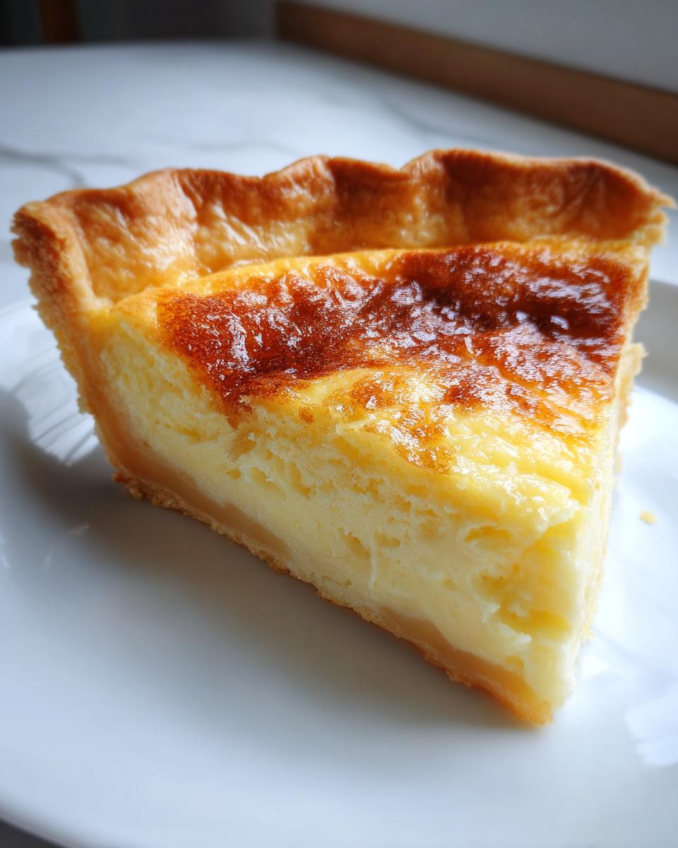 A close-up of a single, perfect slice of buttermilk pie showing a creamy yellow filling and a deeply browned, flaky crust edge.