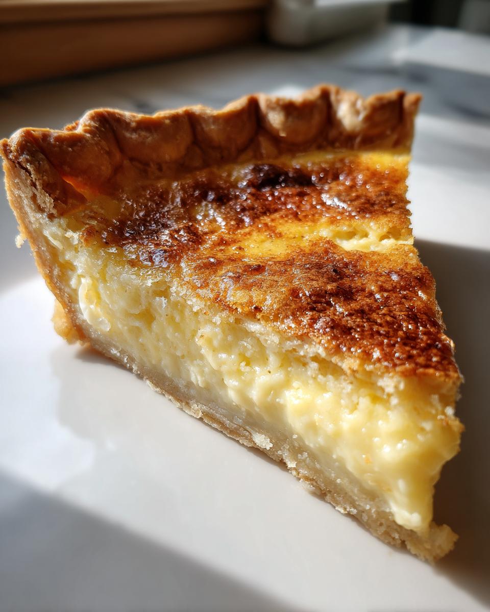 A perfect slice of buttermilk pie showing a creamy yellow filling and a beautifully browned top crust.