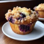 Close-up of a fluffy blueberry muffin with a golden crumb topping sitting on a small white plate.