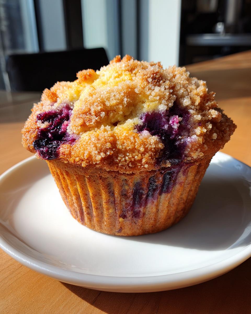 Close-up of a tall, fluffy blueberry muffin with a sugary streusel top sitting on a white plate.