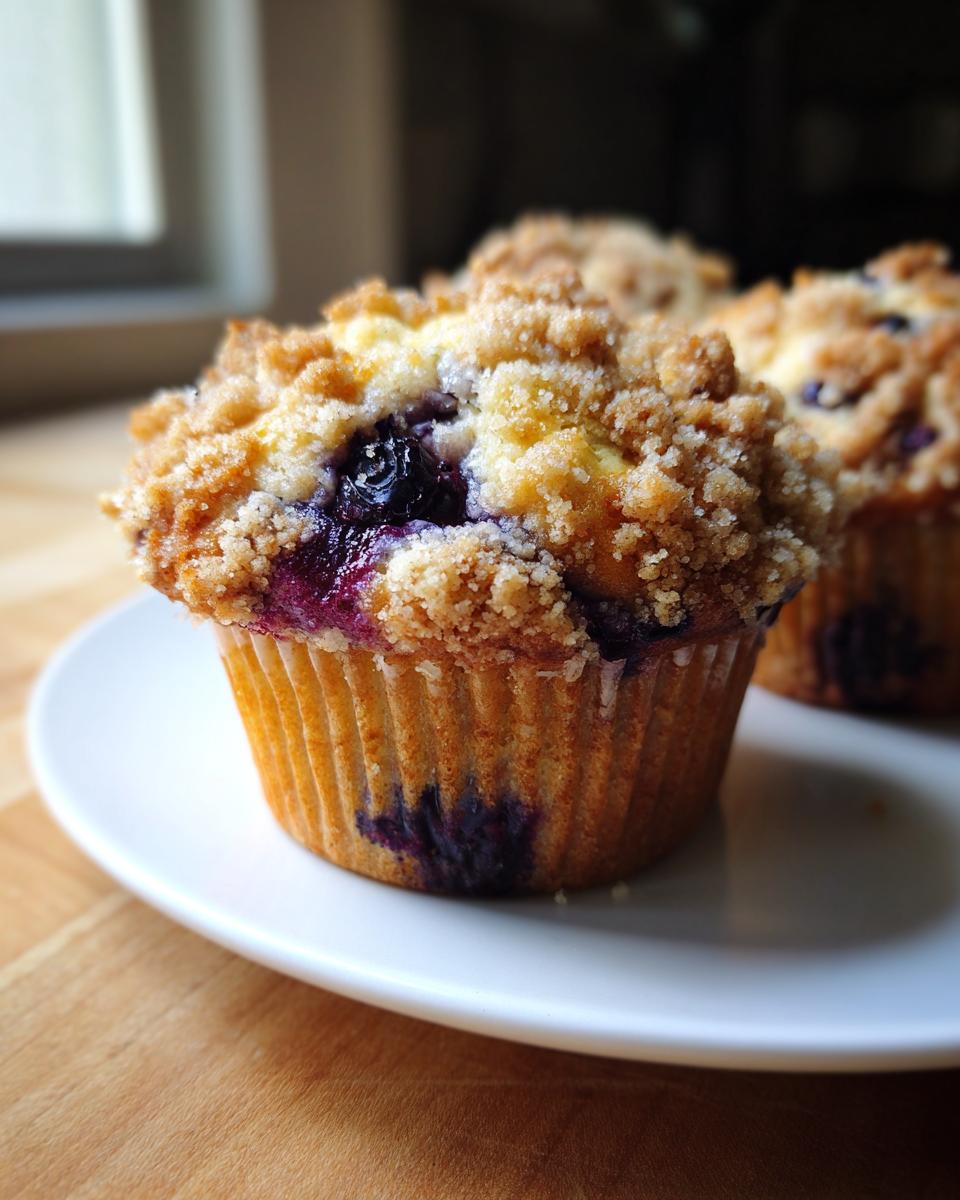 Close-up of a fluffy blueberry muffin featuring a golden crumb topping and visible burst blueberries.