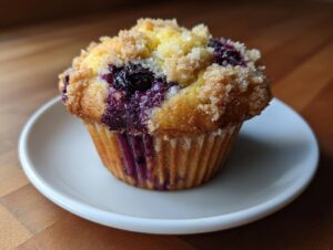 A close-up of a fluffy blueberry muffin with a golden, sugary streusel top, sitting on a small white plate.