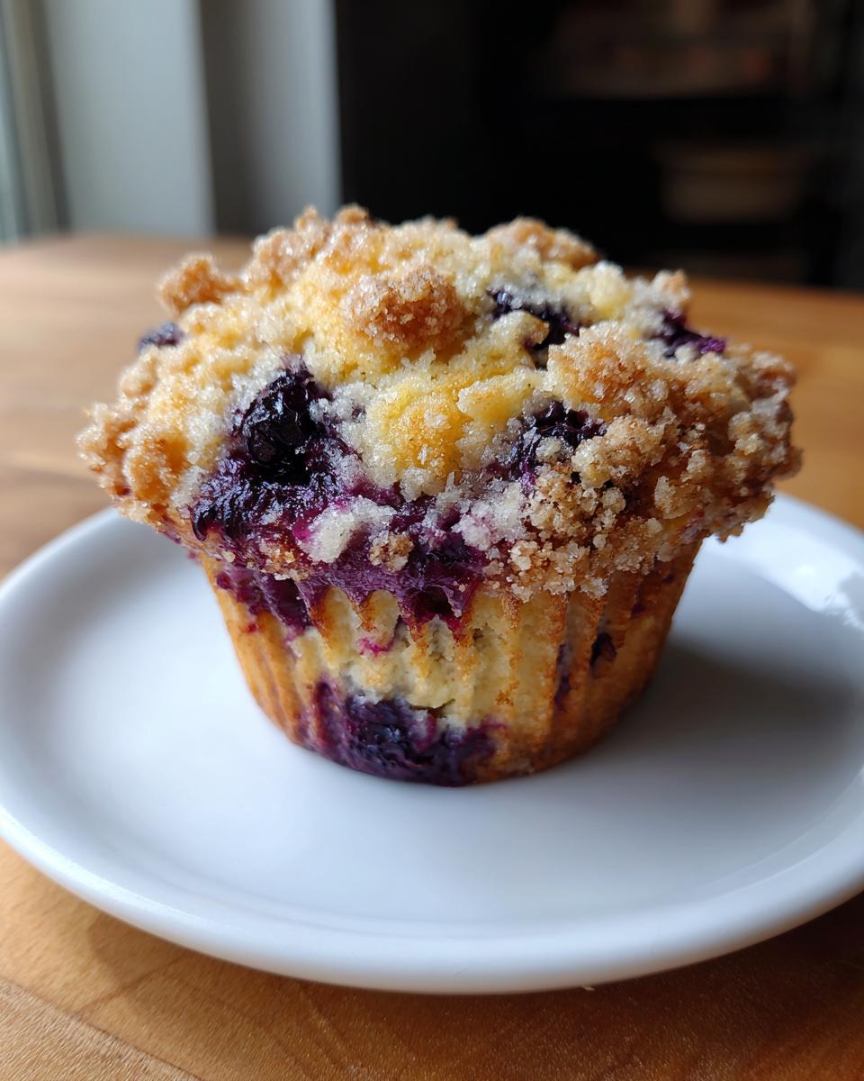 A close-up of a fluffy blueberry muffin with a golden streusel topping, sitting on a small white plate.