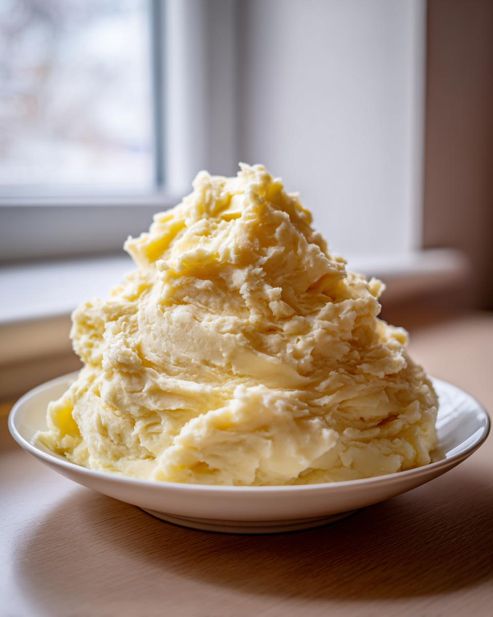 A large, fluffy mound of creamy, yellow mashed potatoes recipe served in a white bowl near a window.