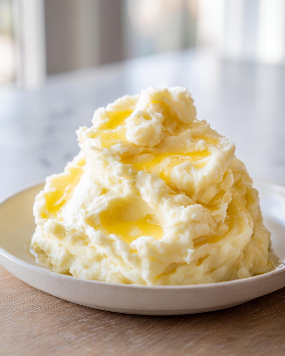 A generous serving of fluffy mashed potatoes recipe topped with pools of melted butter.