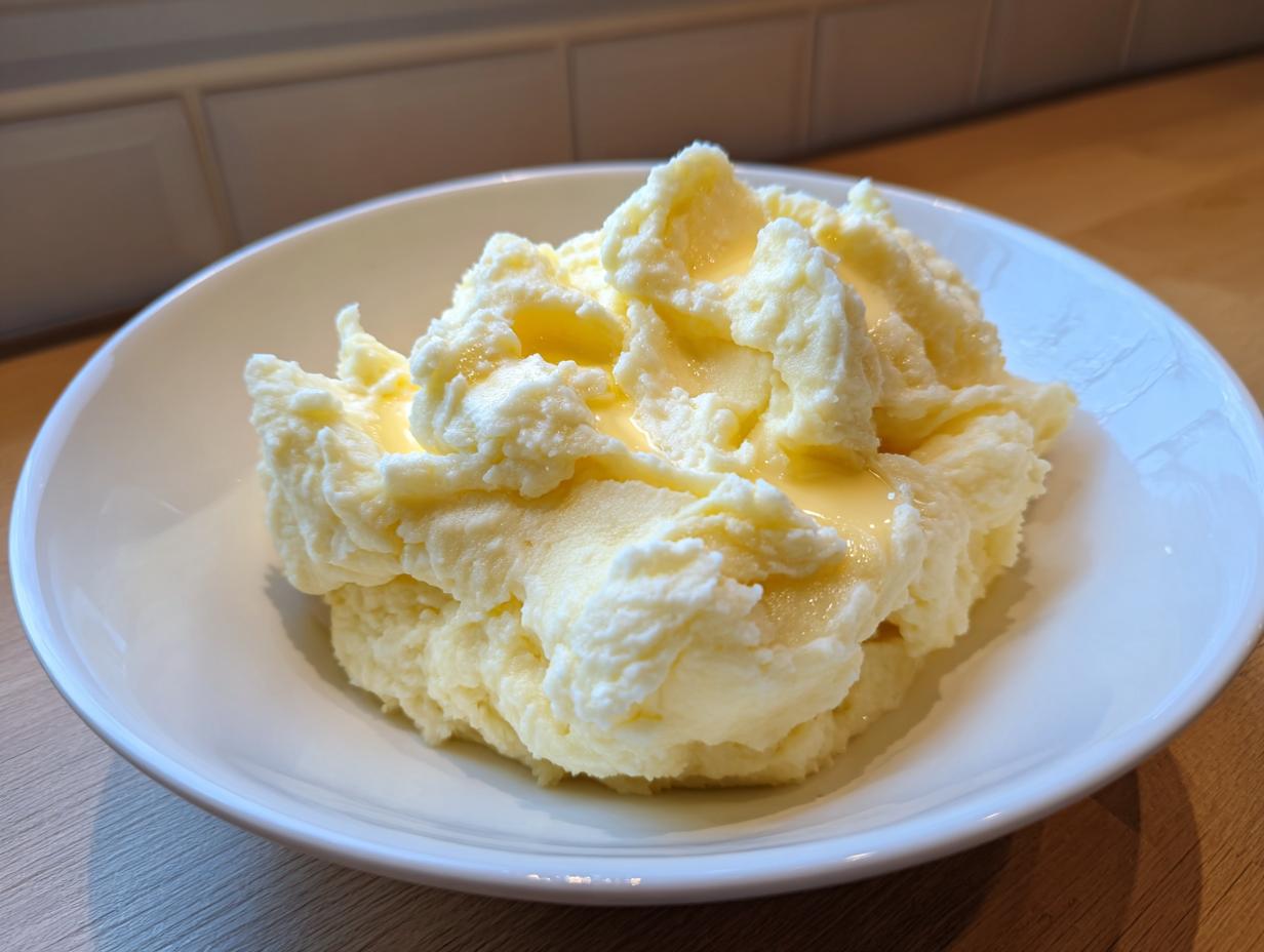 A close-up of fluffy, creamy mashed potatoes recipe served in a white bowl with melted butter pooling on top.