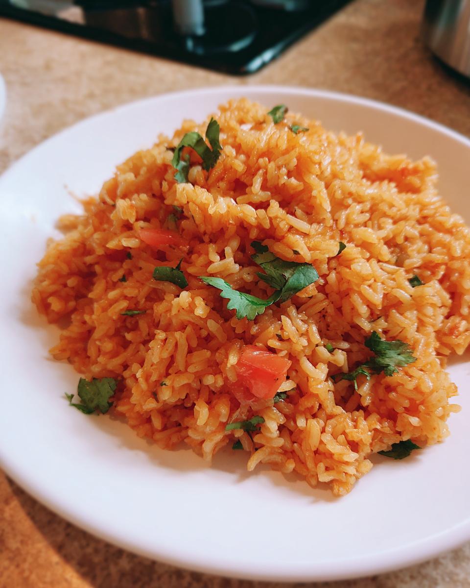 A mound of perfectly cooked, fluffy Spanish rice garnished with fresh cilantro and diced tomatoes on a white plate.