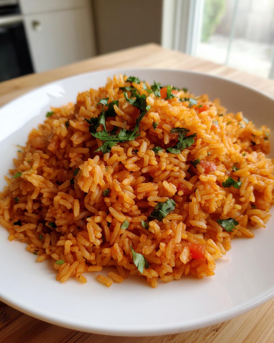 A close-up of perfectly cooked, fluffy Spanish rice seasoned to a vibrant orange color and topped with fresh cilantro.