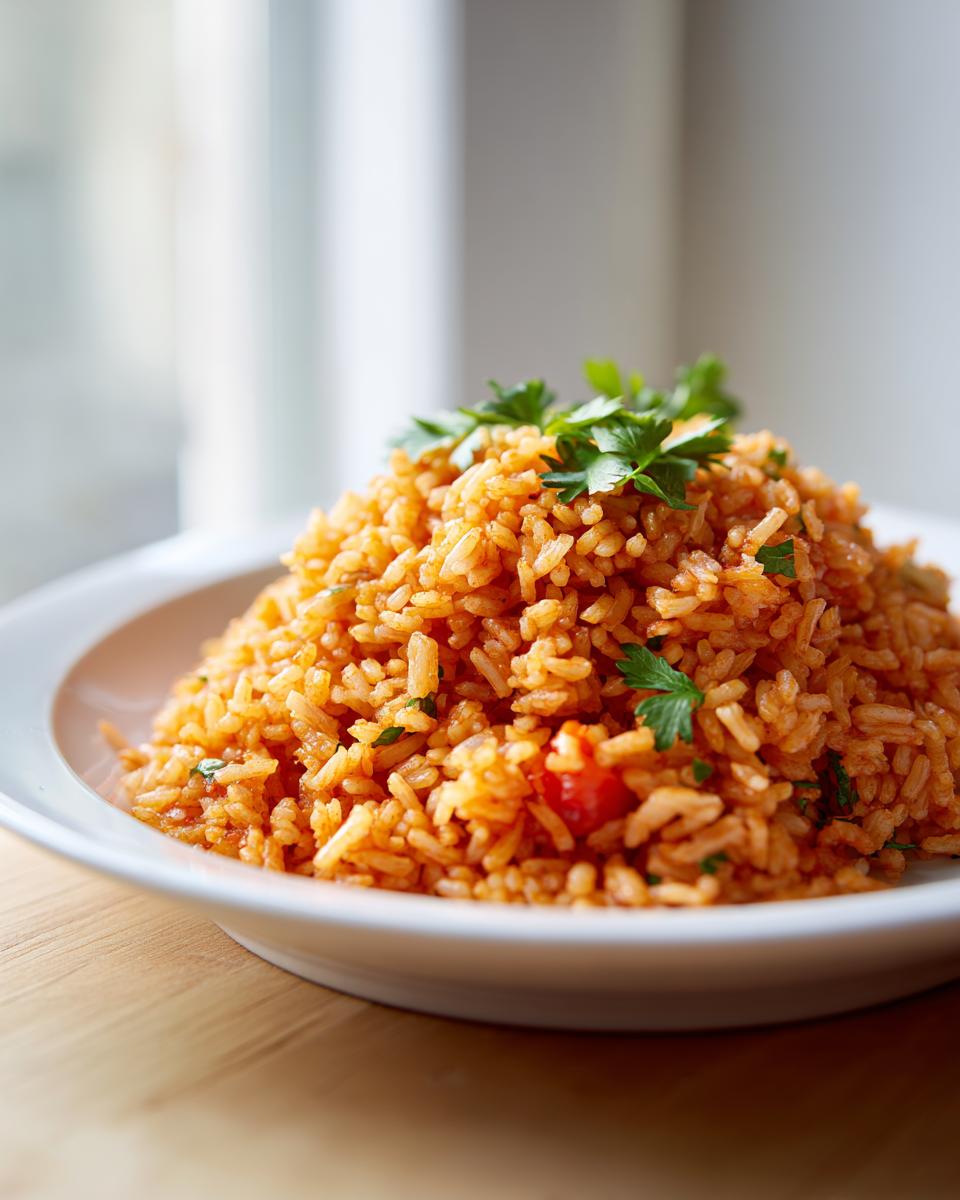 A close-up of a mound of fluffy, orange-red Spanish rice garnished with fresh parsley leaves.